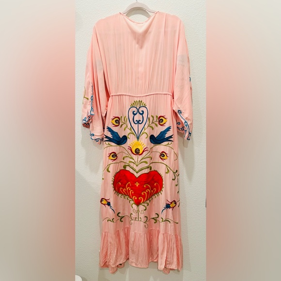 Boho Embroidered Pink Maxi Dress with Bell Sleeves - Picture 7 of 13